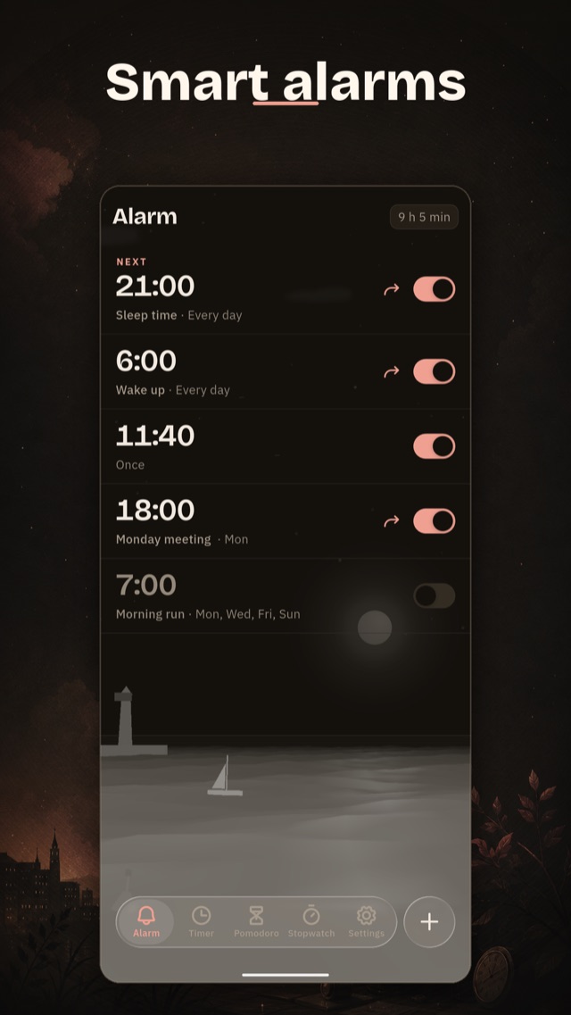 Early alarm list with scheduled wake-ups over a lighthouse scene