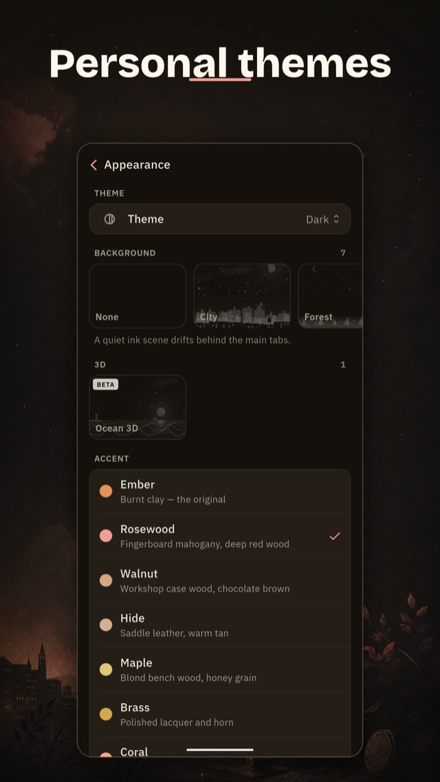 Appearance settings with themes, scenes and accent colors