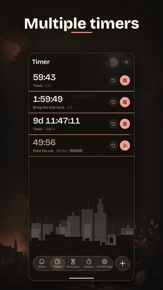 Several timers running at once over a city scene